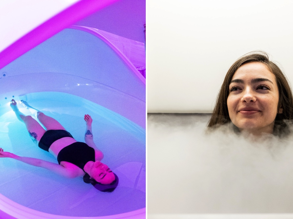 Split image showing float therapy and cryotherapy for combo memberships